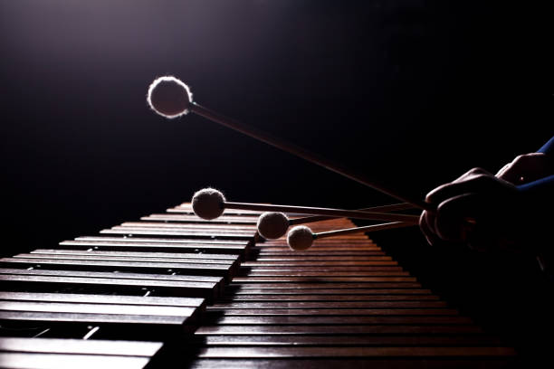 The hands of a musician playing the marimba The hands of a musician playing the marimba in dark tones closeup percussion instrument stock pictures, royalty-free photos & images