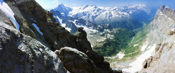 istock Panoramic valley view along with rocky and snow capped mountains can be viewed from Mount Titlis in Switzerland 907440380