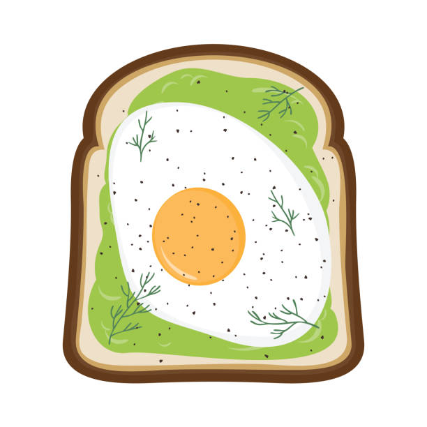 illustrations, cliparts, dessins animés et icônes de avocat toast avec oeuf au plat sur le dessus - petit déjeuner vector illustration - bread white background isolated loaf of bread