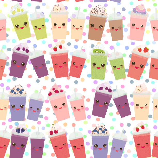 illustrations, cliparts, dessins animés et icônes de modèle sans couture, smoothie myrtille framboise fraise kiwi apple blackberry cerise chocolat canneberges raisins tasse à café avec de la crème fouettée et de paille. isolé sur fond blanc. vector - milk shake smoothie blackberry isolated