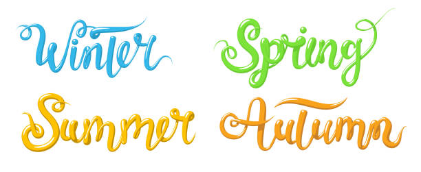 ilustrações de stock, clip art, desenhos animados e ícones de calligraphy with the words winter, spring, summer, autumn. hand drawn lettering in 3d style for calendar. vector illustration, isolated on white. - playwright