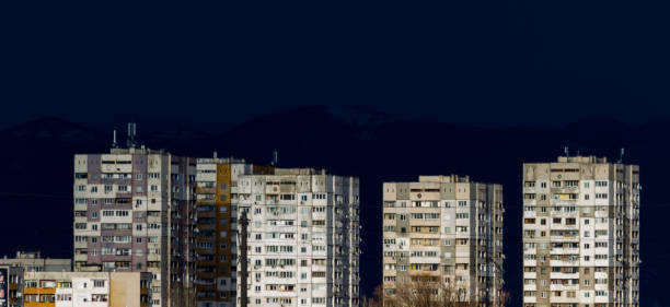 Sofia panel block suburbs Nadezhda and Obelya before the storm, Bulgaria stock photo