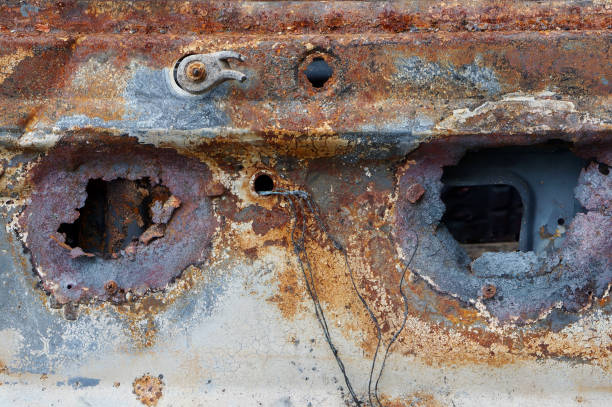istock Two through holes in the old rusty car body 907472136
