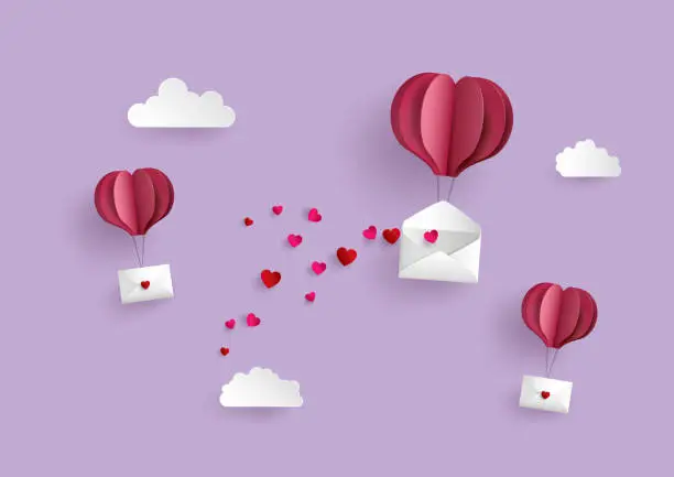 Vector illustration of Paper hot air balloon heart shape hang envelope floating on the sky