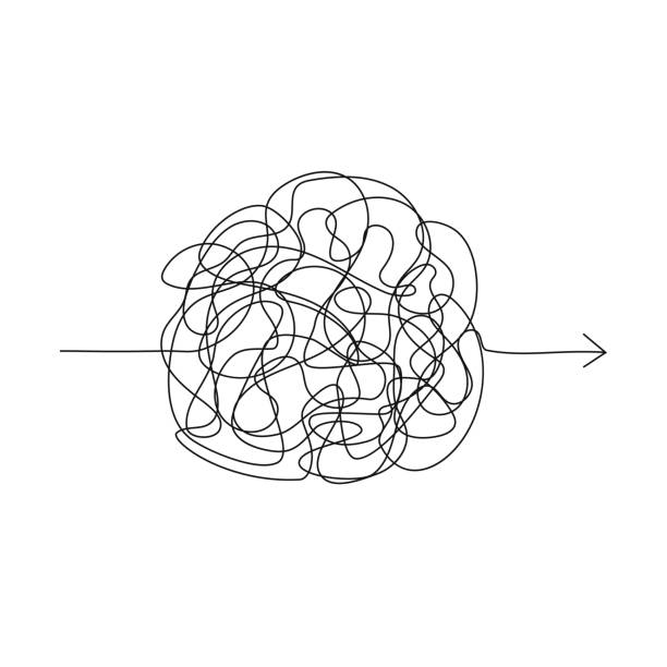 Vector symbol of complicated way with scribbled round element, chaos sign, pass the way linear arrow with clew or tangle ball in center