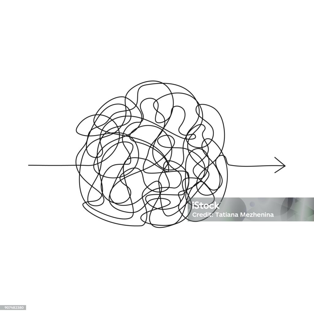 Symbol of complicated way, chaos, pass way arrow Vector symbol of complicated way with scribbled round element, chaos sign, pass the way linear arrow with clew or tangle ball in center Line Art stock vector