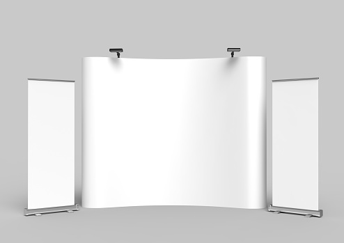 Exposición tensión tela Display Banner Stand telón de fondo de comercio muestran publicidad de pie con luz de LED o halógena con transportines y contador. Ilustración de render 3D. photo