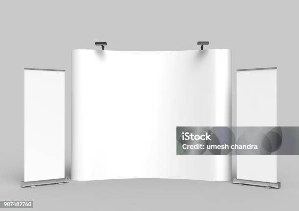 Exhibition Tension Fabric Display Banner Stand Backdrop For Trade Show Advertising Stand With Led Or Halogen Light With Standees And Counter 3d Render Illustration Stock Photo - Download Image Now