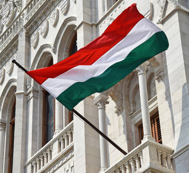bandera húngara en la ventana del edificio del parlamento, budapest, hungría - hungarian flag fotografías e imágenes de stock