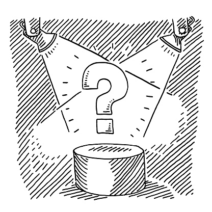Hand-drawn vector drawing of a Question Mark on a Podium with Stage Lights. Black-and-White sketch on a transparent background (.eps-file). Included files are EPS (v10) and Hi-Res JPG.