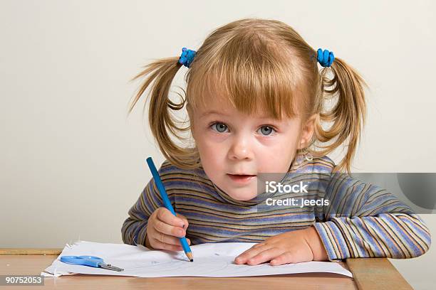 A Small White Child Looking Up From A Drawing Stock Photo - Download Image Now - Beauty In Nature, Blue, Child