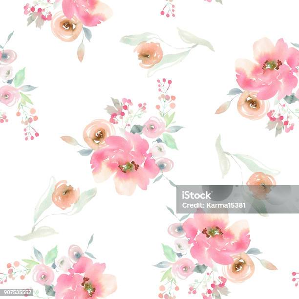 Seamless Summer Pattern With Watercolor Flowers Handmade Stock Illustration - Download Image Now