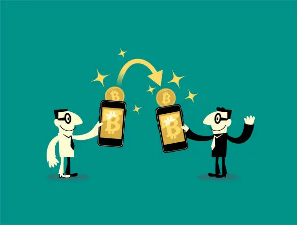 Vector illustration of People (two businessmen) sending and receiving money (bitcoin, cryptocurrency) wireless with their mobile phones. Their hands holding smart phones with banking payment apps