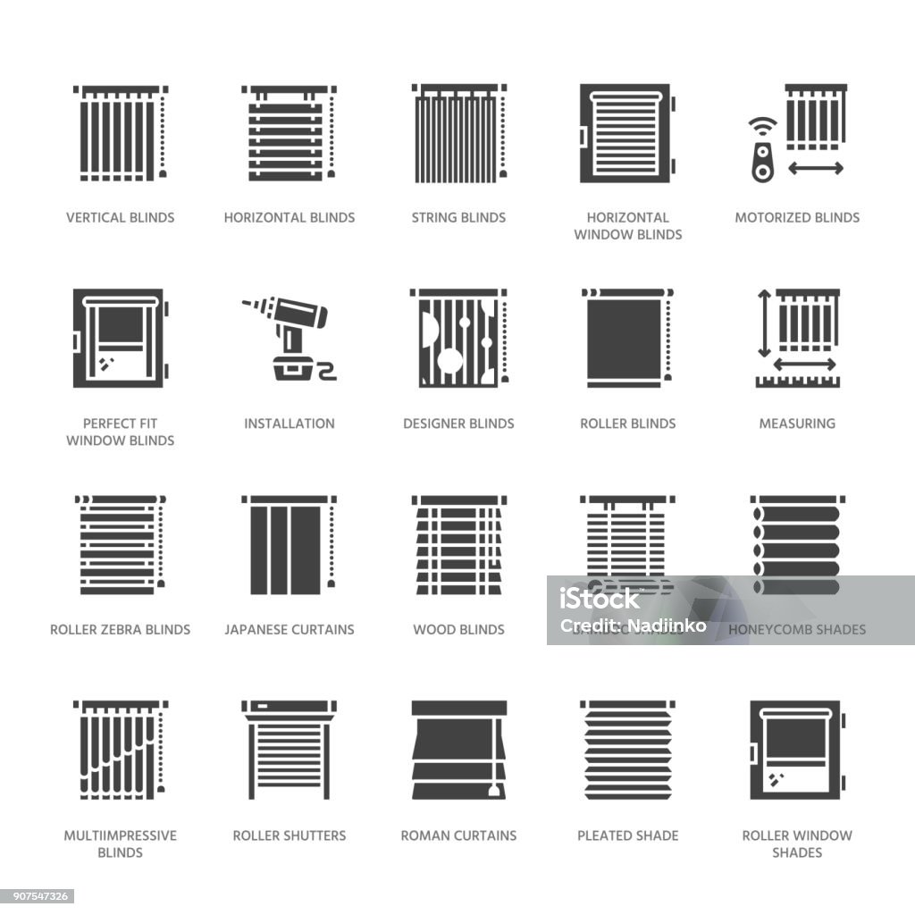 Window blinds, shades vector glyph icons. Various room darkening decoration, roller shutters, roman curtains, horizontal vertical jalousie. Interior design solid silhouette signs for house decor shop Window blinds, shades vector glyph icons. Various room darkening decoration, roller shutters, roman curtains, horizontal vertical jalousie. Interior design solid silhouette signs for house decor shop. Window Blinds stock vector