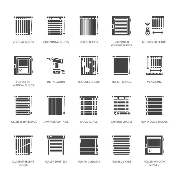 Window blinds, shades vector glyph icons. Various room darkening decoration, roller shutters, roman curtains, horizontal vertical jalousie. Interior design solid silhouette signs for house decor shop Window blinds, shades vector glyph icons. Various room darkening decoration, roller shutters, roman curtains, horizontal vertical jalousie. Interior design solid silhouette signs for house decor shop. roll a door stock illustrations