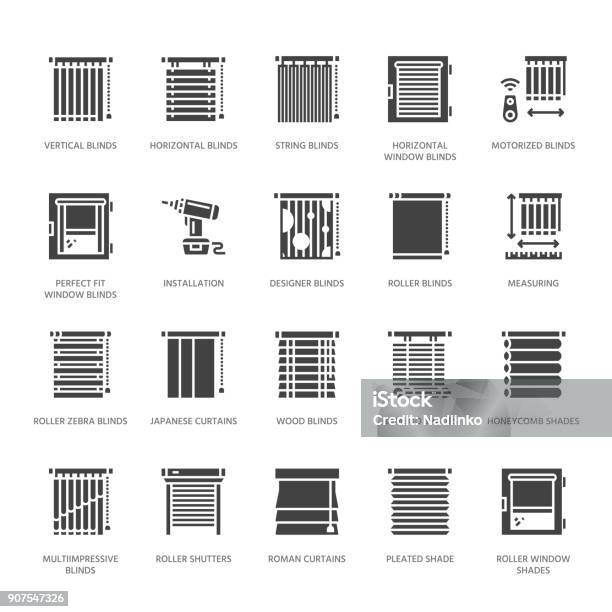 Window Blinds Shades Vector Glyph Icons Various Room Darkening Decoration Roller Shutters Roman Curtains Horizontal Vertical Jalousie Interior Design Solid Silhouette Signs For House Decor Shop Stock Illustration - Download Image Now