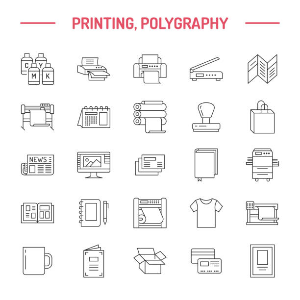 ilustrações de stock, clip art, desenhos animados e ícones de printing house flat line icons. print shop equipment - printer, scanner, offset machine, plotter, brochure, rubber stamp. thin linear signs for polygraphy office, typography - printout