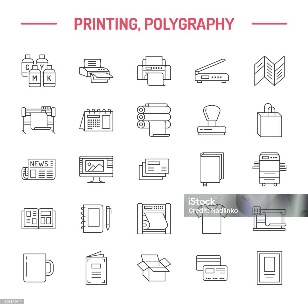 Printing house flat line icons. Print shop equipment - printer, scanner, offset machine, plotter, brochure, rubber stamp. Thin linear signs for polygraphy office, typography Printing house flat line icons. Print shop equipment - printer, scanner, offset machine, plotter, brochure, rubber stamp. Thin linear signs for polygraphy office, typography. Icon Symbol stock vector