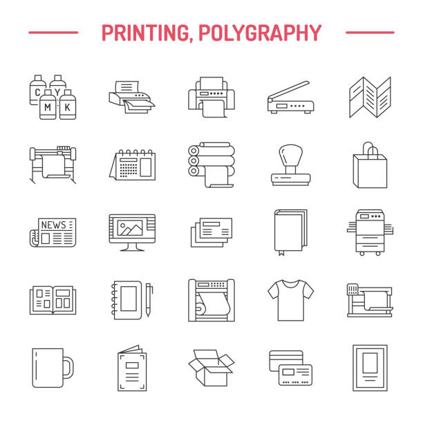 Printing house flat line icons. Print shop equipment - printer, scanner, offset machine, plotter, brochure, rubber stamp. Thin linear signs for polygraphy office, typography Printing house flat line icons. Print shop equipment - printer, scanner, offset machine, plotter, brochure, rubber stamp. Thin linear signs for polygraphy office, typography. printing press stock illustrations