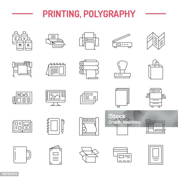 Printing House Flat Line Icons Print Shop Equipment Printer Scanner Offset Machine Plotter Brochure Rubber Stamp Thin Linear Signs For Polygraphy Office Typography Stock Illustration - Download Image Now