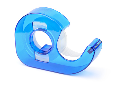 Blue adhesive tape dispenser isolated on white