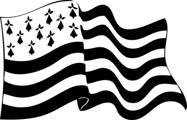 vektor schwarz-weiß winken breton flagge mit schatten - bretagne stock-grafiken, -clipart, -cartoons und -symbole