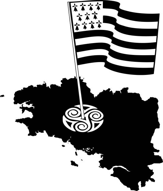illustrations, cliparts, dessins animés et icônes de vector en noir et blanc, brandissant breton drapeau avec shadow - bretagne