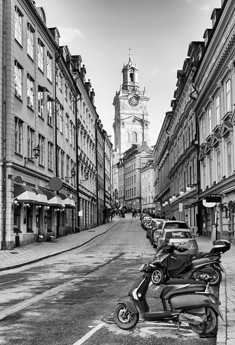 Street in Gamla Stan, Stockholm, looking to the tower of the Storkyrkan Cathedral