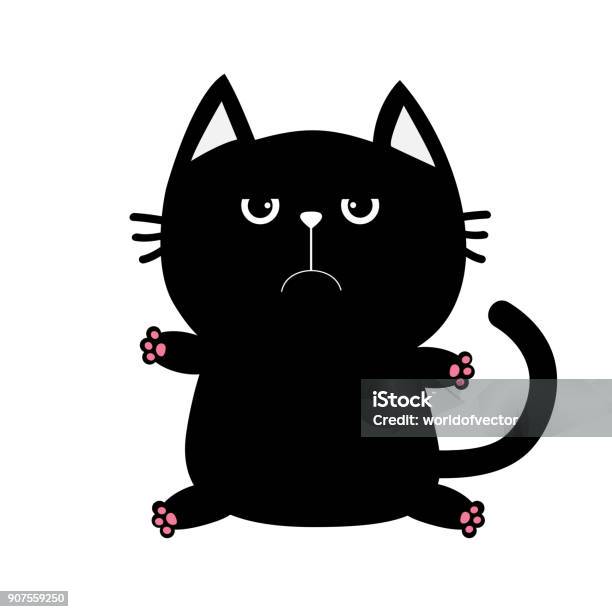 Black Cat Icon Cute Funny Cartoon Grumpy Character Kawaii Animal Big Tail Whisker Eyes Sad Emotion Kitty Kitten Baby Pet Collection White Background Isolated Flat Design Stock Illustration - Download Image Now