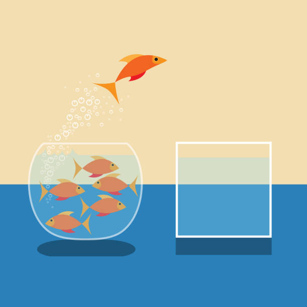 ilustraciones, imágenes clip art, dibujos animados e iconos de stock de peces de colores saltando fuera del agua. diseño plano del vector - fishbowl crowded goldfish claustrophobic