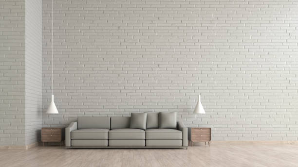 istock Modern interior living room wood floor white brick texture wall with gray sofa template for mock up 3d rendering. minimal living room design 907575376