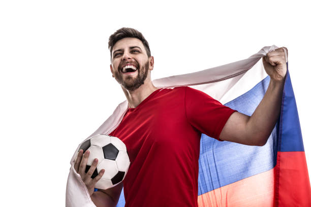 istock Russian male athlete / fan celebrating on white background 907591150