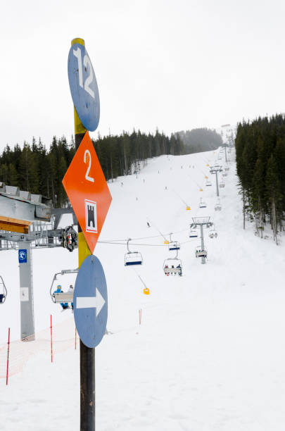 istock ski direction and notices at slope, vertical 907594206