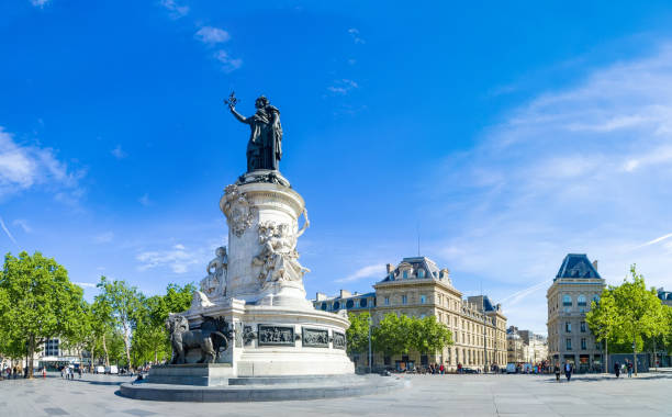 Paris panorama of the monument to the Republic with the symbolic statue of Marianna, in Place de la Republique stock photo
