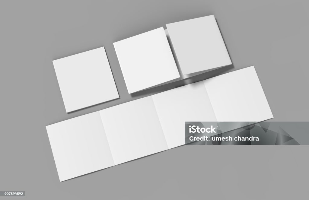 Open gate fold brochure, 4 panel and eight pages leaflet. blank white 3d render illustration Open gate fold brochure, 4 panel and eight pages leaflet. Brochure Stock Photo