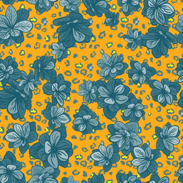Vector illustration of Colorful seamless pattern with leopard print and blue flowers