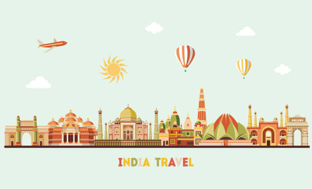 indien detaillierte skyline. reisen und tourismus hintergrund. vektor-hintergrund. linie art stil - monumente stock-grafiken, -clipart, -cartoons und -symbole
