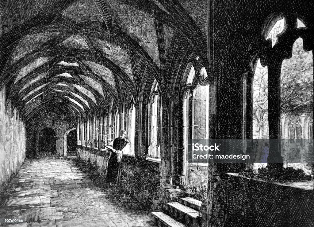 Monk is studying the Bible in the monastery - 1896 Monk - Religious Occupation stock illustration