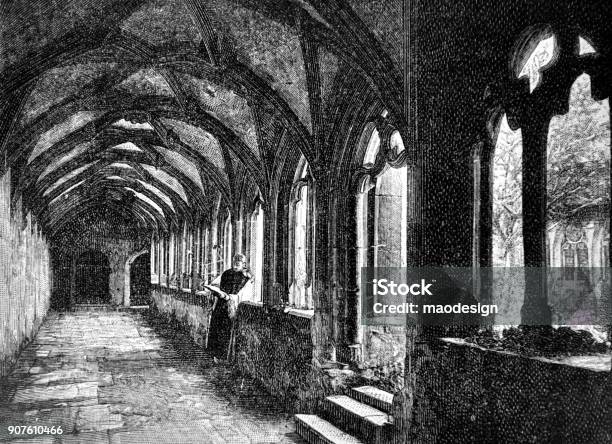 Monk Is Studying The Bible In The Monastery 1896 Stock Illustration - Download Image Now - Monk - Religious Occupation, Church, Corridor