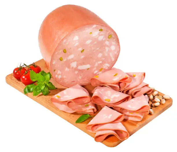 Mortadella block and slices on a cutting board,isolated on white with clipping path.