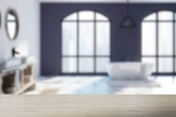 istock White and black bathroom, marble floor blurred 907621030