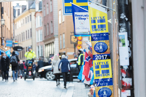 Stockholm, Sweden - December 10, 2017: Tourists sightseeing in old part of Stockholm, Gamla Stan, Sweden