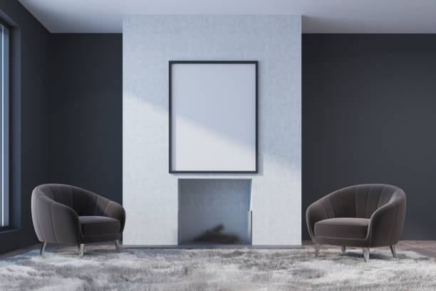 istock White gray living room, fireplace, poster, carpet 907628030
