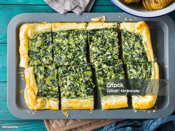 Spinach Savory Quiche With Cream Cheese Stock Photo - Download Image Now - Above, Baked Pastry Item, Bakery