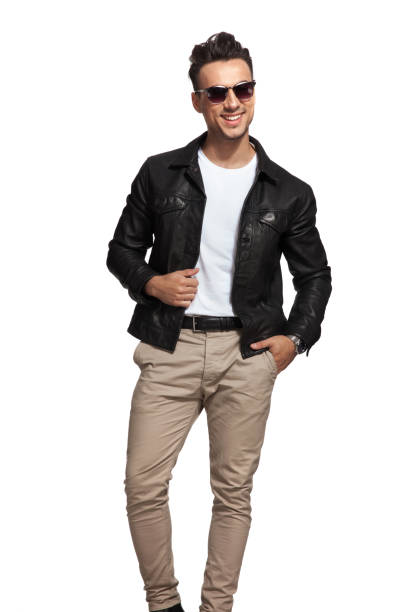 istock laughing sexy man wearing sunglasses and leather jacket 907634124