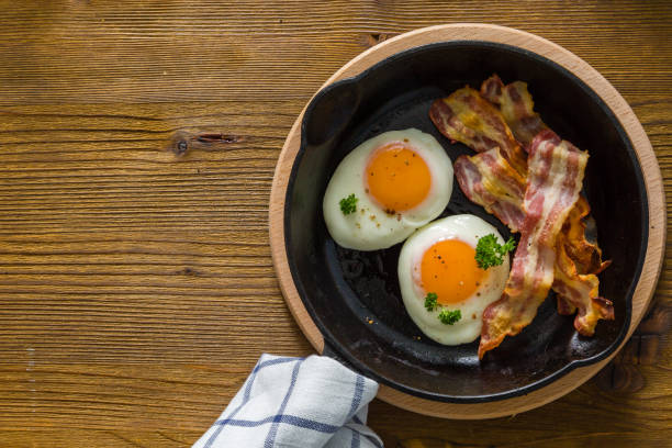 istock American breakfast with sunny side up eggs, bacon 907634772