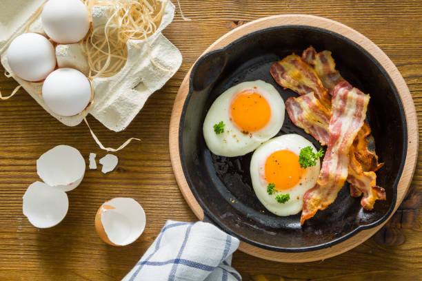 istock American breakfast with sunny side up eggs, bacon 907634972