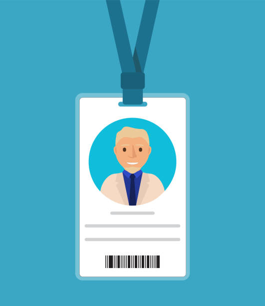 Badge of the man with a tie of the blonde in cartoon flat .Identification card for man.ID card with man photo. The businessman in a business suit in a jacket and a tie. Plastic identification card strap photos stock illustrations