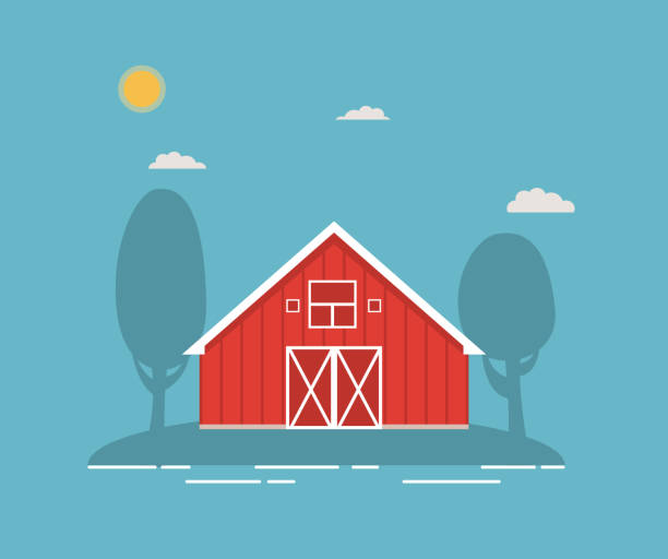 Agricultural red barn in flat style a vector.Summer rural landscape with trees. template for design for flyer, booklets, poster.Organic products. red barn house stock illustrations