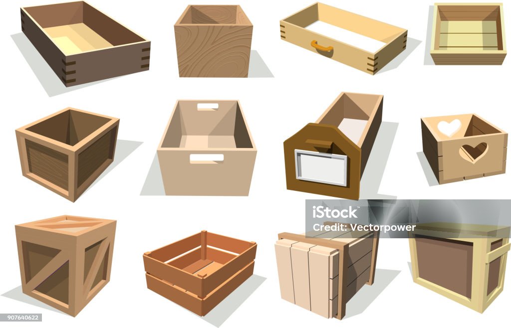 Box package vector wooden empty drawers and packed boxes or packaging crates with wood crated containers for delivery or shipping set illustration isolated on white background Box package vector wooden empty drawers and packed boxes or packaging parcels with wood containers for delivery set illustration isolated on white background. Box - Container stock vector